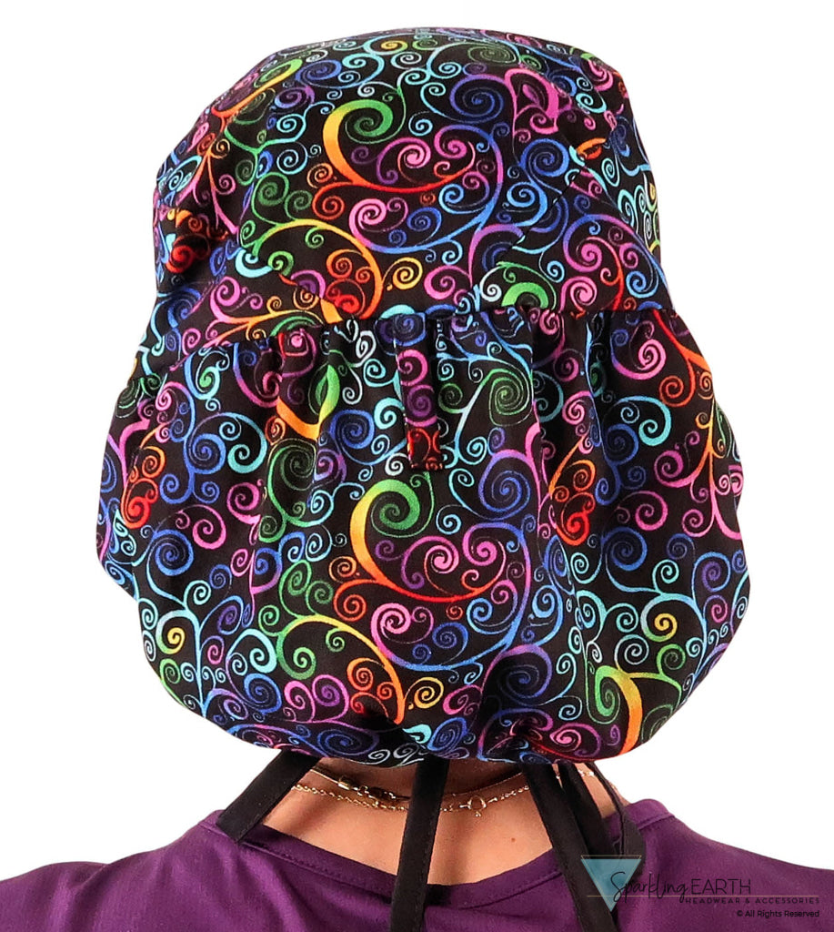Big Hair Ponytail Surgical Scrub Cap - Perfect Scrub Cap for Long Hair - Ethereal Kaleidoscope with Black Ties Big Hair