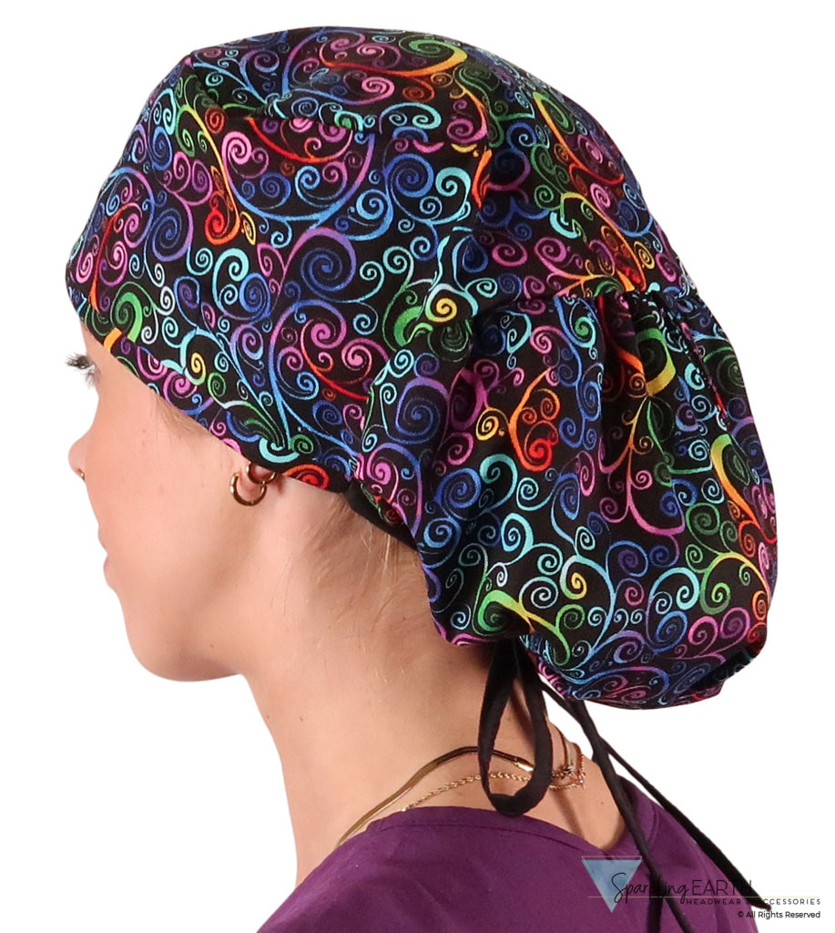 Big Hair Ponytail Surgical Scrub Cap - Perfect Scrub Cap for Long Hair - Ethereal Kaleidoscope with Black Ties Big Hair