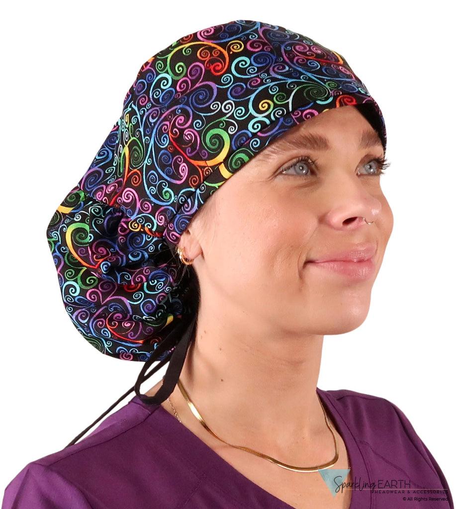 Big Hair Ponytail Surgical Scrub Cap - Perfect Scrub Cap for Long Hair - Ethereal Kaleidoscope with Black Ties Big Hair