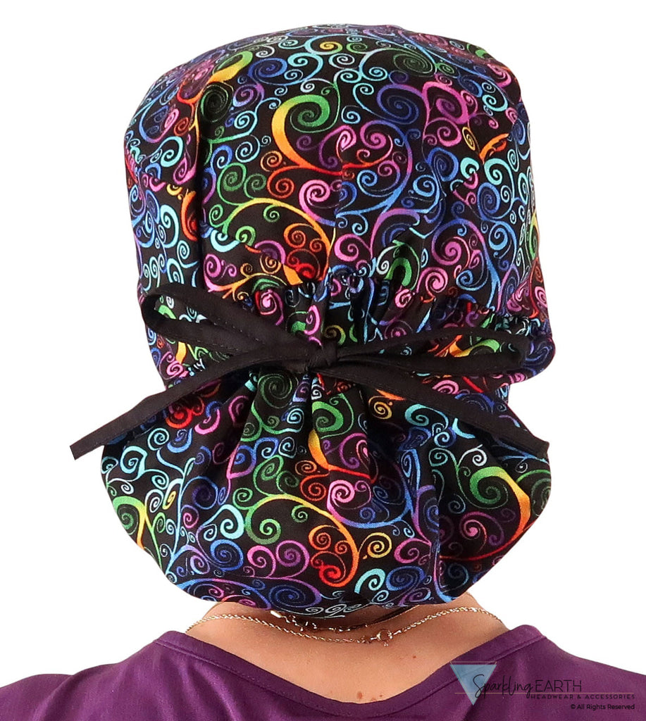 Big Hair Ponytail Surgical Scrub Cap - Perfect Scrub Cap for Long Hair - Ethereal Kaleidoscope with Black Ties Big Hair