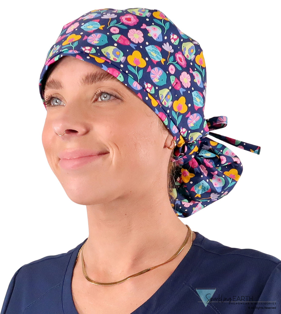 Big Hair Ponytail Surgical Scrub Cap - Perfect Scrub Cap for Long Hair - Fabulous Fishies Big Hair Surgical Scrub Caps