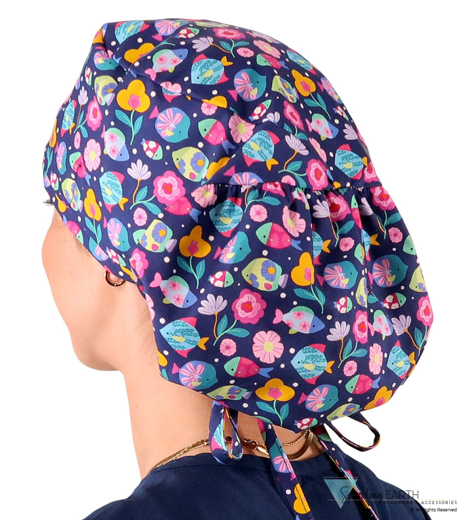 Big Hair Ponytail Surgical Scrub Cap - Perfect Scrub Cap for Long Hair - Fabulous Fishies Big Hair Surgical Scrub Caps