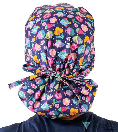 Big Hair Ponytail Surgical Scrub Cap - Perfect Scrub Cap for Long Hair - Fabulous Fishies Big Hair Surgical Scrub Caps