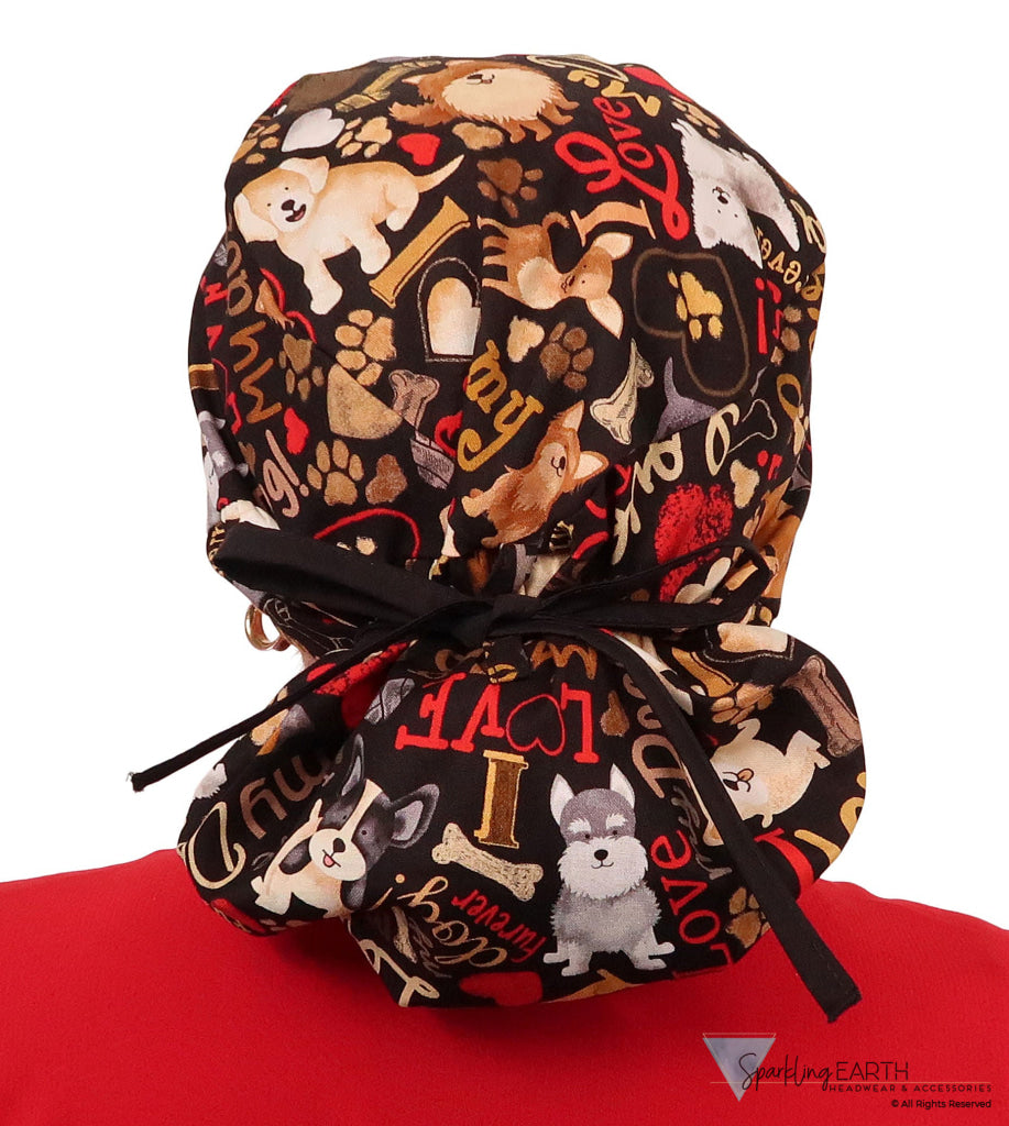 Big Hair Ponytail Surgical Scrub Cap - Perfect Scrub Cap for Long Hair - FURRever Doggie Love with Black Ties Big Hair