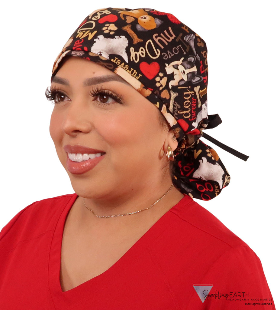 Big Hair Ponytail Surgical Scrub Cap - Perfect Scrub Cap for Long Hair - FURRever Doggie Love with Black Ties Big Hair