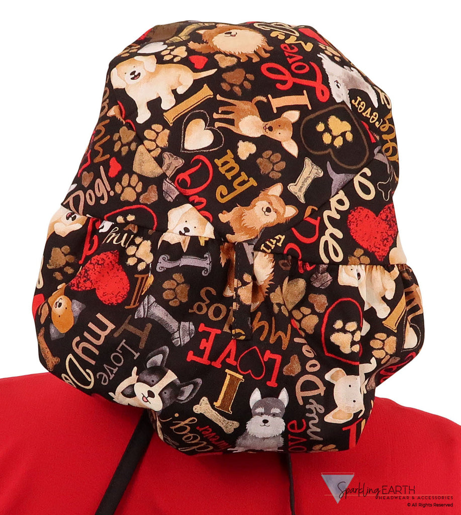 Big Hair Ponytail Surgical Scrub Cap - Perfect Scrub Cap for Long Hair - FURRever Doggie Love with Black Ties Big Hair