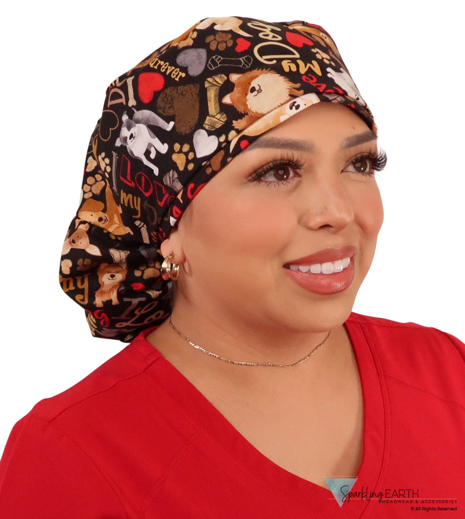 Big Hair Ponytail Surgical Scrub Cap - Perfect Scrub Cap for Long Hair - FURRever Doggie Love with Black Ties Big Hair