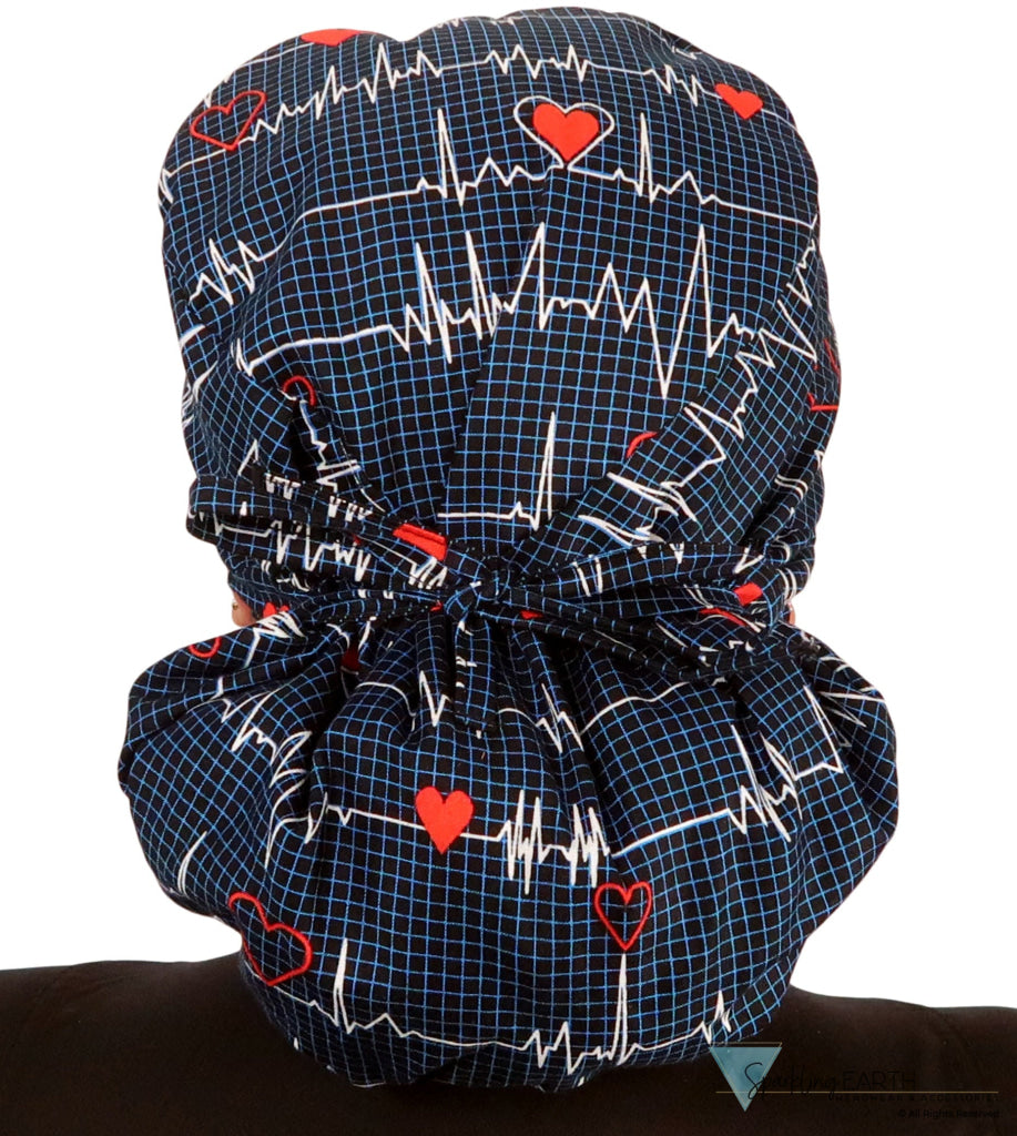 Back facing image tied of a woman in scrubs wearing a Big Hair Ponytail Scrub Cap with a Heartbeats on Navy pattern.