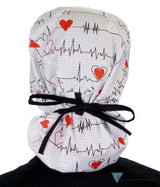Big Hair Surgical Scrub Cap - Heartbeats on White with Black Ties - Big Hair Surgical Scrub Caps - Sparkling EARTH