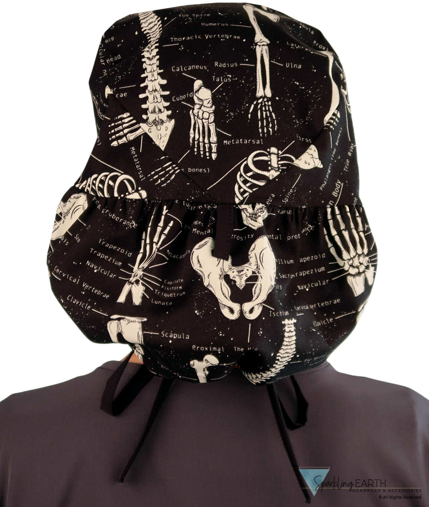 Big Hair Ponytail Surgical Scrub Cap - Perfect Scrub Cap for Long Hair - Human Body Skeleton with Black Ties (Glow In