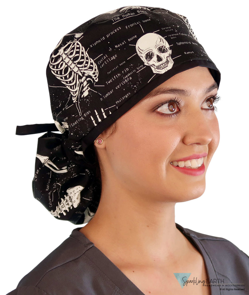 Big Hair Ponytail Surgical Scrub Cap - Perfect Scrub Cap for Long Hair - Human Body Skeleton with Black Ties (Glow In