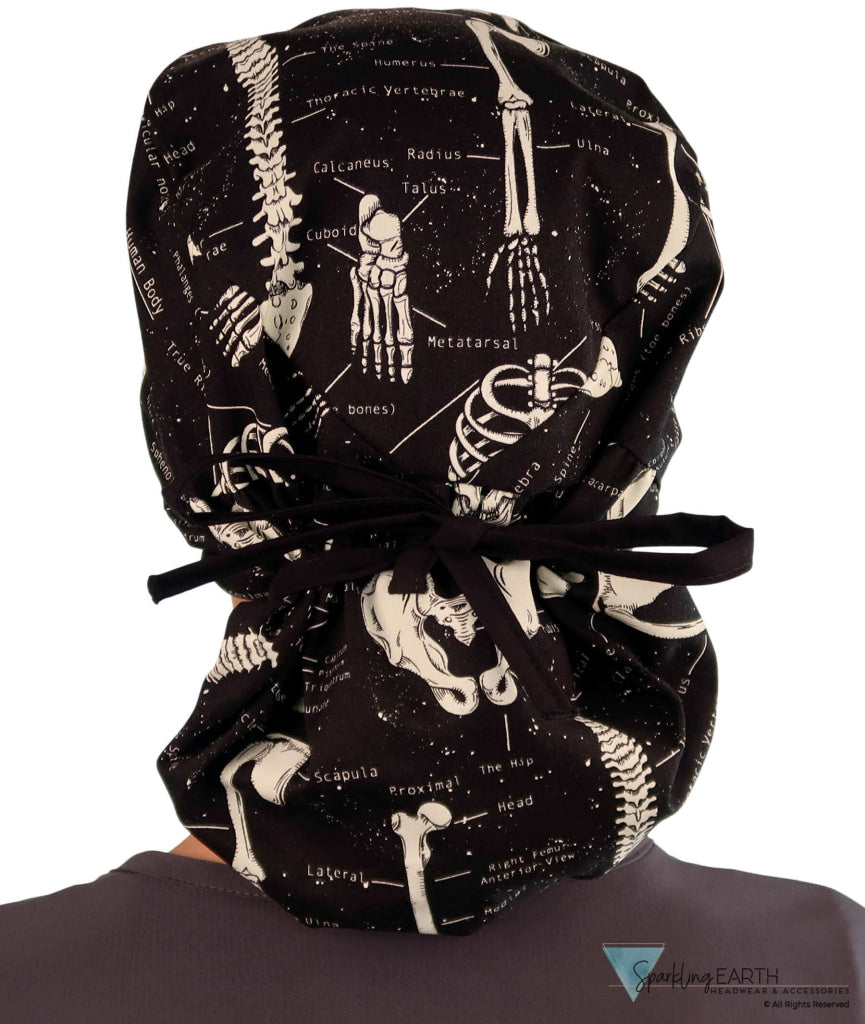 Big Hair Ponytail Surgical Scrub Cap - Perfect Scrub Cap for Long Hair - Human Body Skeleton with Black Ties (Glow In