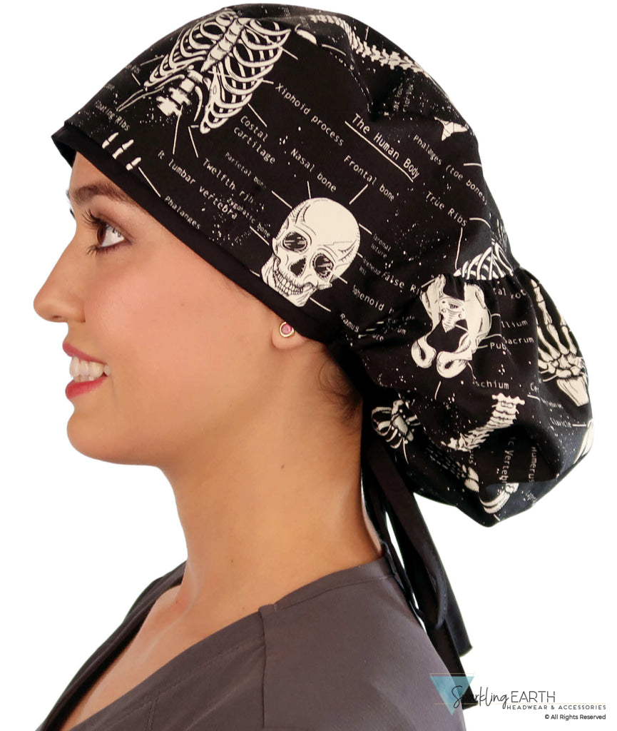 Big Hair Ponytail Surgical Scrub Cap - Perfect Scrub Cap for Long Hair - Human Body Skeleton with Black Ties (Glow In