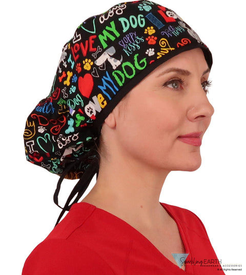 Big Hair Ponytail Surgical Scrub Cap - Perfect Scrub Cap for Long Hair - I Love My Dog with Black Ties Big Hair
