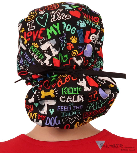 Big Hair Ponytail Surgical Scrub Cap - Perfect Scrub Cap for Long Hair - I Love My Dog with Black Ties Big Hair