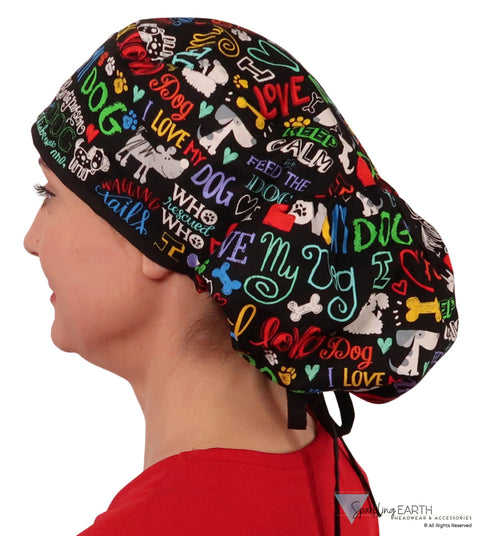 Big Hair Ponytail Surgical Scrub Cap - Perfect Scrub Cap for Long Hair - I Love My Dog with Black Ties Big Hair