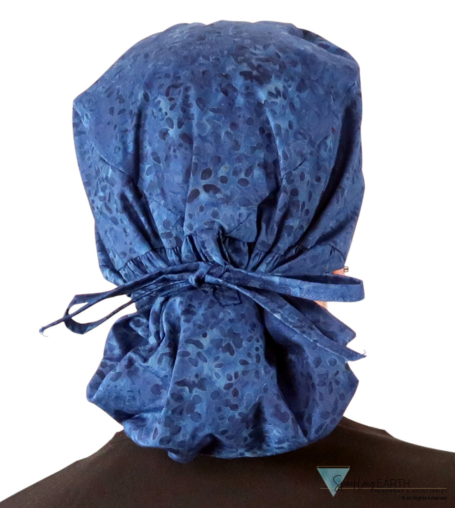 Big Hair Ponytail Surgical Scrub Cap - Perfect Scrub Cap for Long Hair - Indigo Blue Batik Big Hair Surgical Scrub Caps