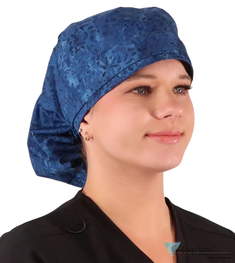 Big Hair Ponytail Surgical Scrub Cap - Perfect Scrub Cap for Long Hair - Indigo Blue Batik Big Hair Surgical Scrub Caps