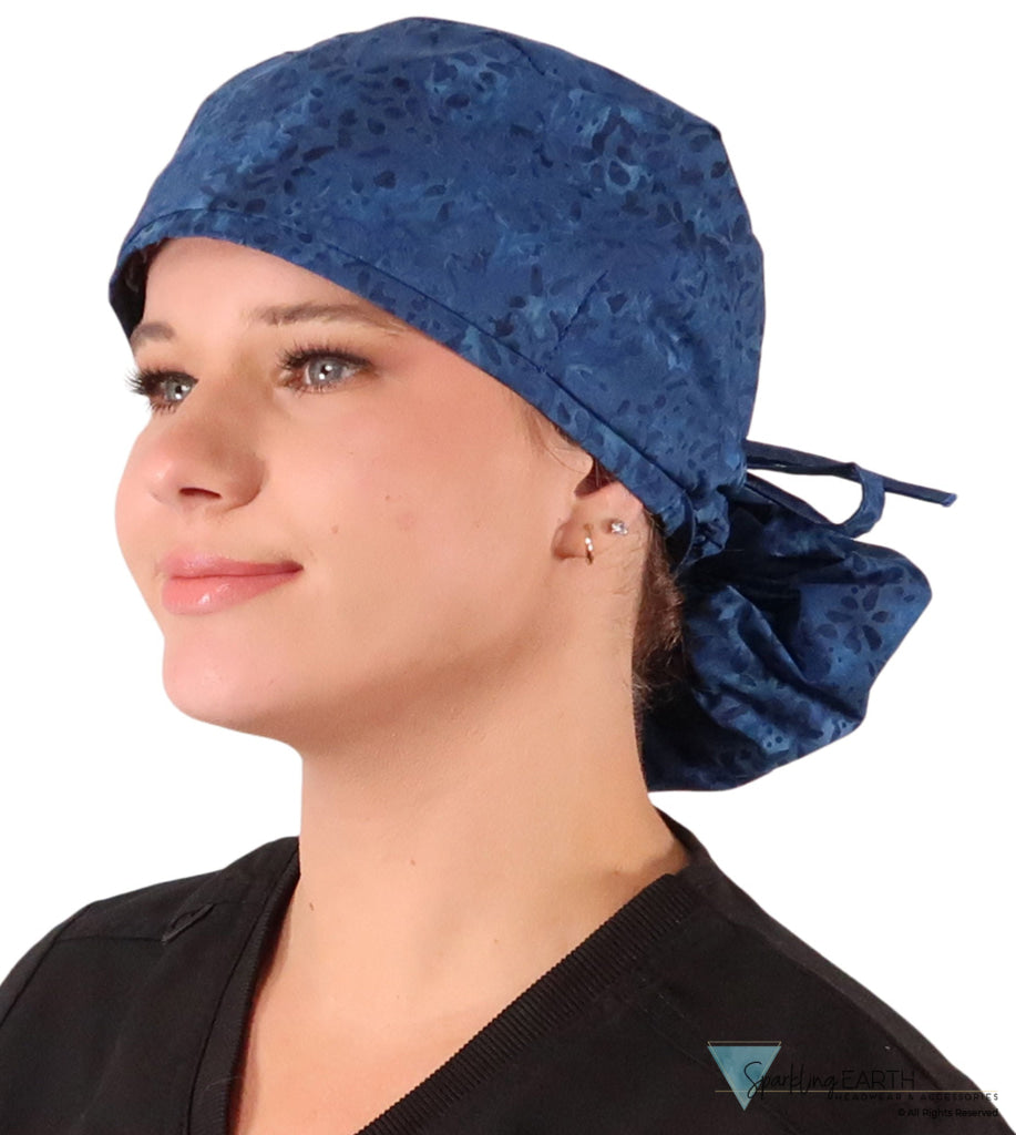 Big Hair Ponytail Surgical Scrub Cap - Perfect Scrub Cap for Long Hair - Indigo Blue Batik Big Hair Surgical Scrub Caps