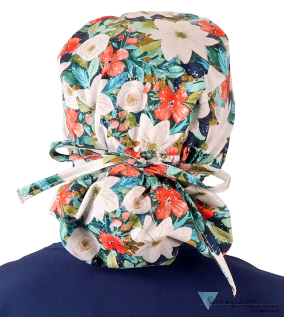 Big Hair Ponytail Surgical Scrub Cap - Perfect Scrub Cap for Long Hair - Lush Winter Foliage Big Hair Surgical Scrub