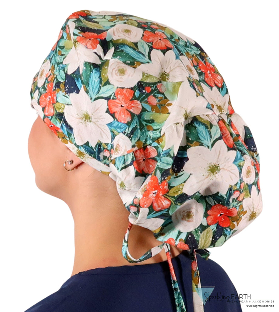 Big Hair Ponytail Surgical Scrub Cap - Perfect Scrub Cap for Long Hair - Lush Winter Foliage Big Hair Surgical Scrub