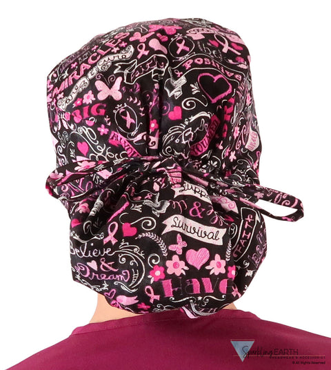 Big Hair Women’s Scrub Cap - Pink Ribbon Collage on Black Big Hair Surgical Scrub Caps