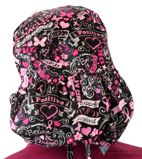 Big Hair Women’s Scrub Cap - Pink Ribbon Collage on Black Big Hair Surgical Scrub Caps