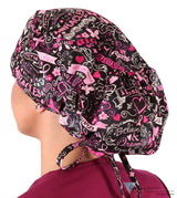 Big Hair Women’s Scrub Cap - Pink Ribbon Collage on Black Big Hair Surgical Scrub Caps