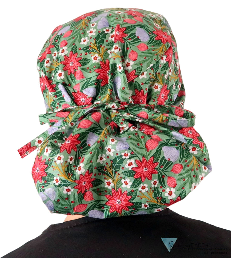 Big Hair Ponytail Surgical Scrub Cap - Perfect Scrub Cap for Long Hair - Poinsettia Party Big Hair Surgical Scrub Caps