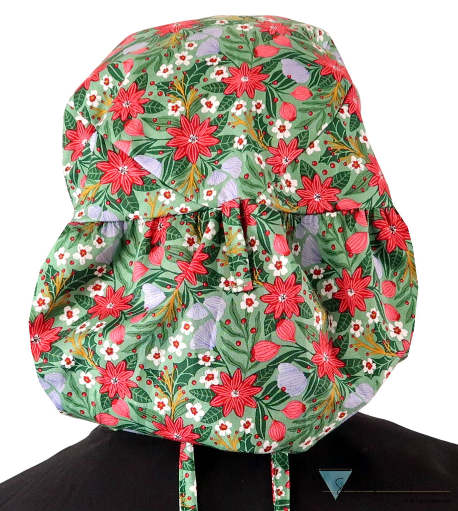 Big Hair Ponytail Surgical Scrub Cap - Perfect Scrub Cap for Long Hair - Poinsettia Party Big Hair Surgical Scrub Caps
