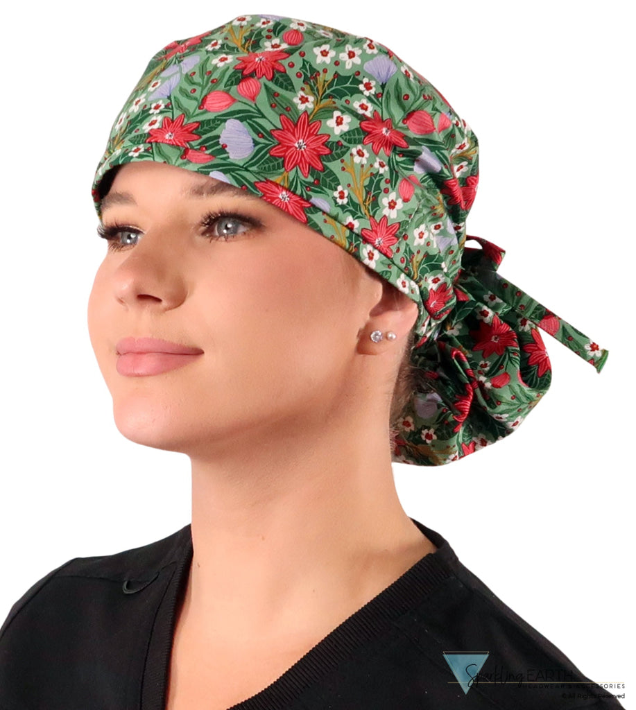 Big Hair Ponytail Surgical Scrub Cap - Perfect Scrub Cap for Long Hair - Poinsettia Party Big Hair Surgical Scrub Caps