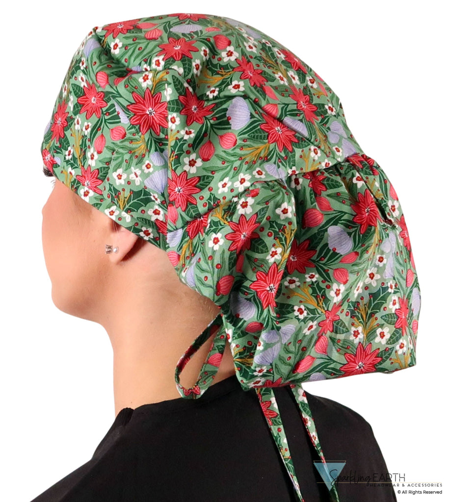 Big Hair Ponytail Surgical Scrub Cap - Perfect Scrub Cap for Long Hair - Poinsettia Party Big Hair Surgical Scrub Caps