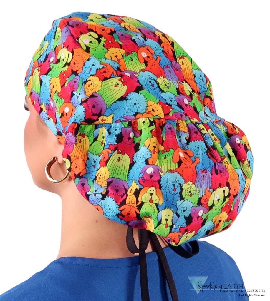 Big Hair Ponytail Surgical Scrub Cap - Perfect Scrub Cap for Long Hair - Prismatic Pooch Party with Black Ties Big Hair