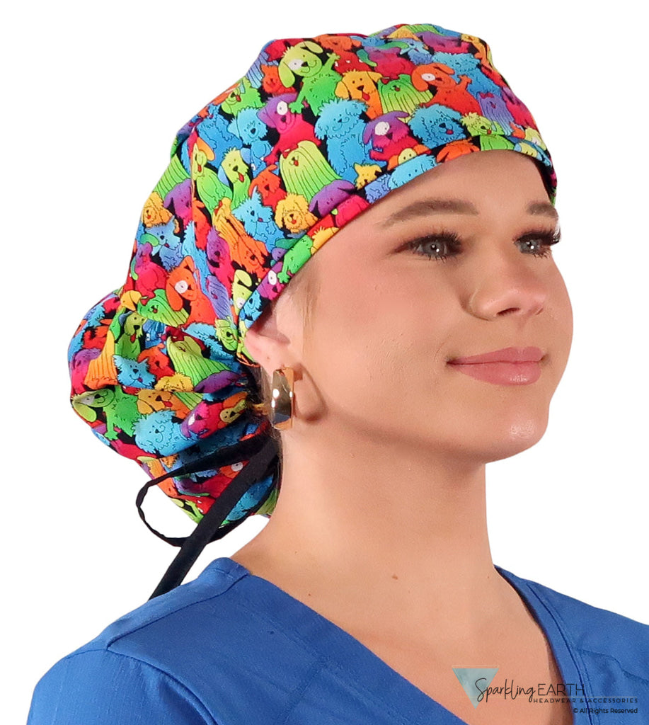 Big Hair Ponytail Surgical Scrub Cap - Perfect Scrub Cap for Long Hair - Prismatic Pooch Party with Black Ties Big Hair