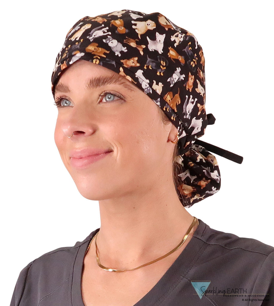 Big Hair Ponytail Surgical Scrub Cap - Puppy Parade with Black Ties - Big Hair Surgical Scrub Caps - Sparkling EARTH