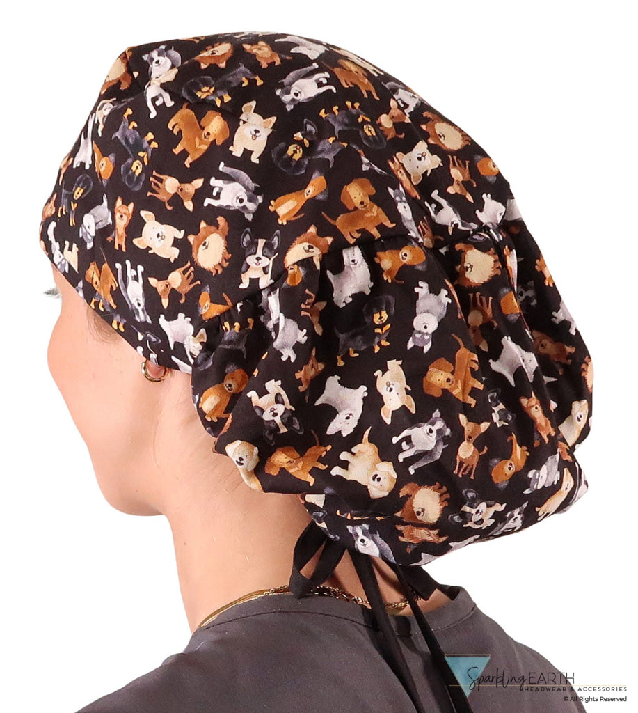 Big Hair Ponytail Surgical Scrub Cap - Perfect Scrub Cap for Long Hair - Puppy Parade with Black Ties Big Hair Ponytail