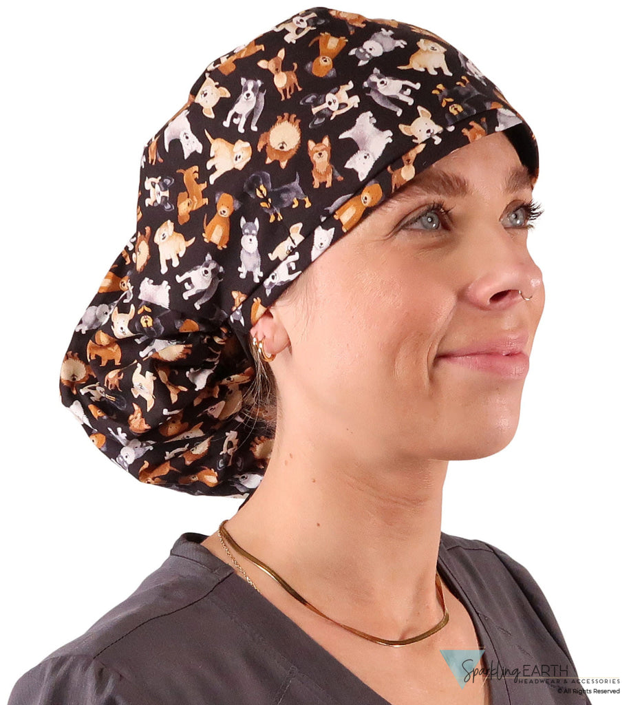 Big Hair Ponytail Surgical Scrub Cap - Perfect Scrub Cap for Long Hair - Puppy Parade with Black Ties Big Hair Ponytail