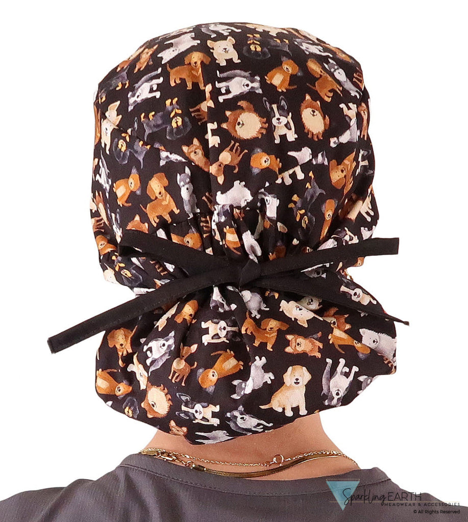Big Hair Ponytail Surgical Scrub Cap - Perfect Scrub Cap for Long Hair - Puppy Parade with Black Ties Big Hair Ponytail