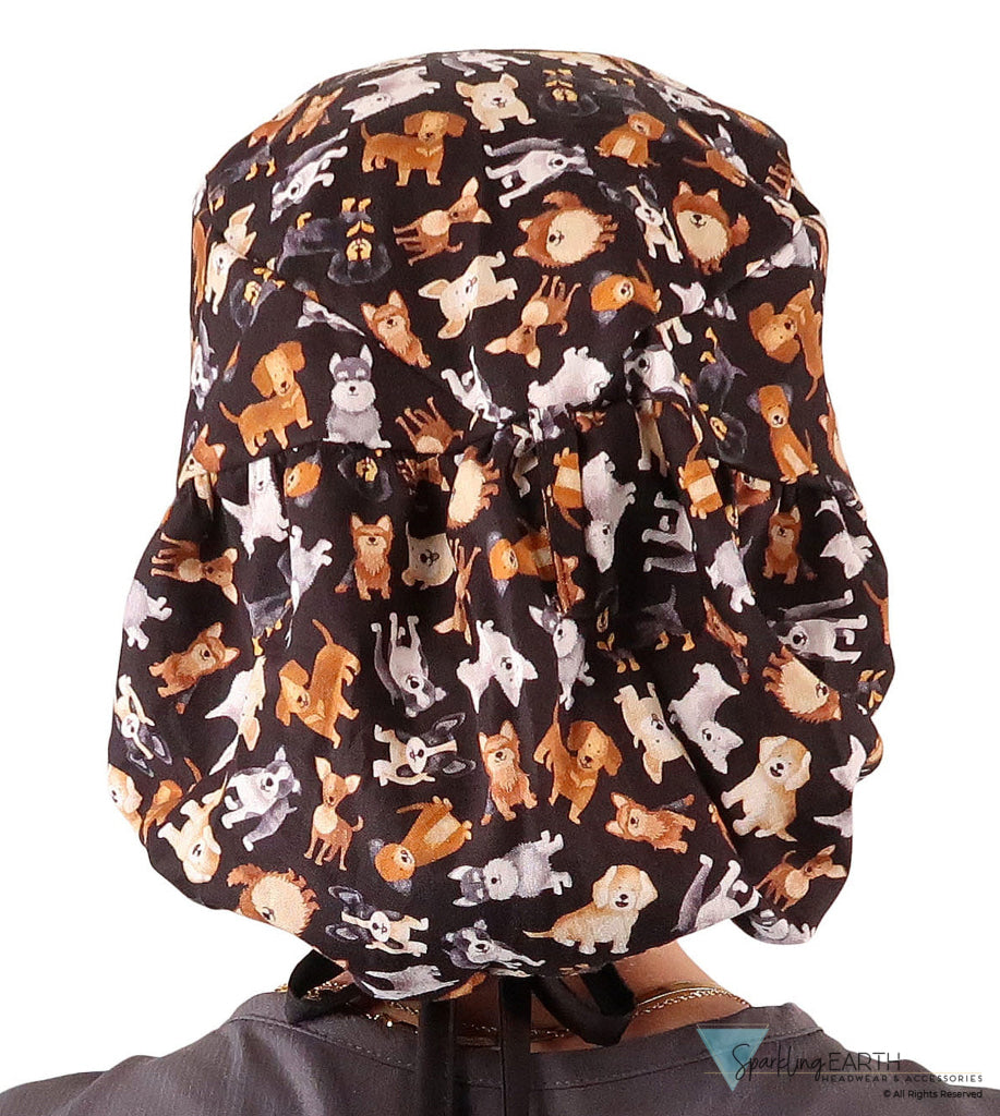 Big Hair Ponytail Surgical Scrub Cap - Perfect Scrub Cap for Long Hair - Puppy Parade with Black Ties Big Hair Ponytail