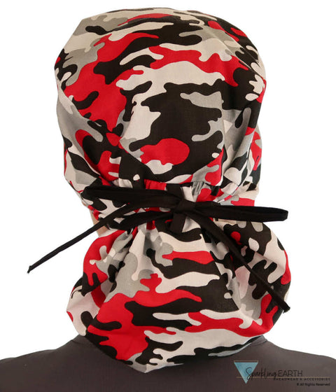Big Hair Ponytail Surgical Scrub Cap - Perfect Scrub Cap for Long Hair - Red Grey Black & White Camo with Black Ties