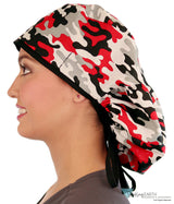 Big Hair Ponytail Surgical Scrub Cap - Perfect Scrub Cap for Long Hair - Red Grey Black & White Camo with Black Ties