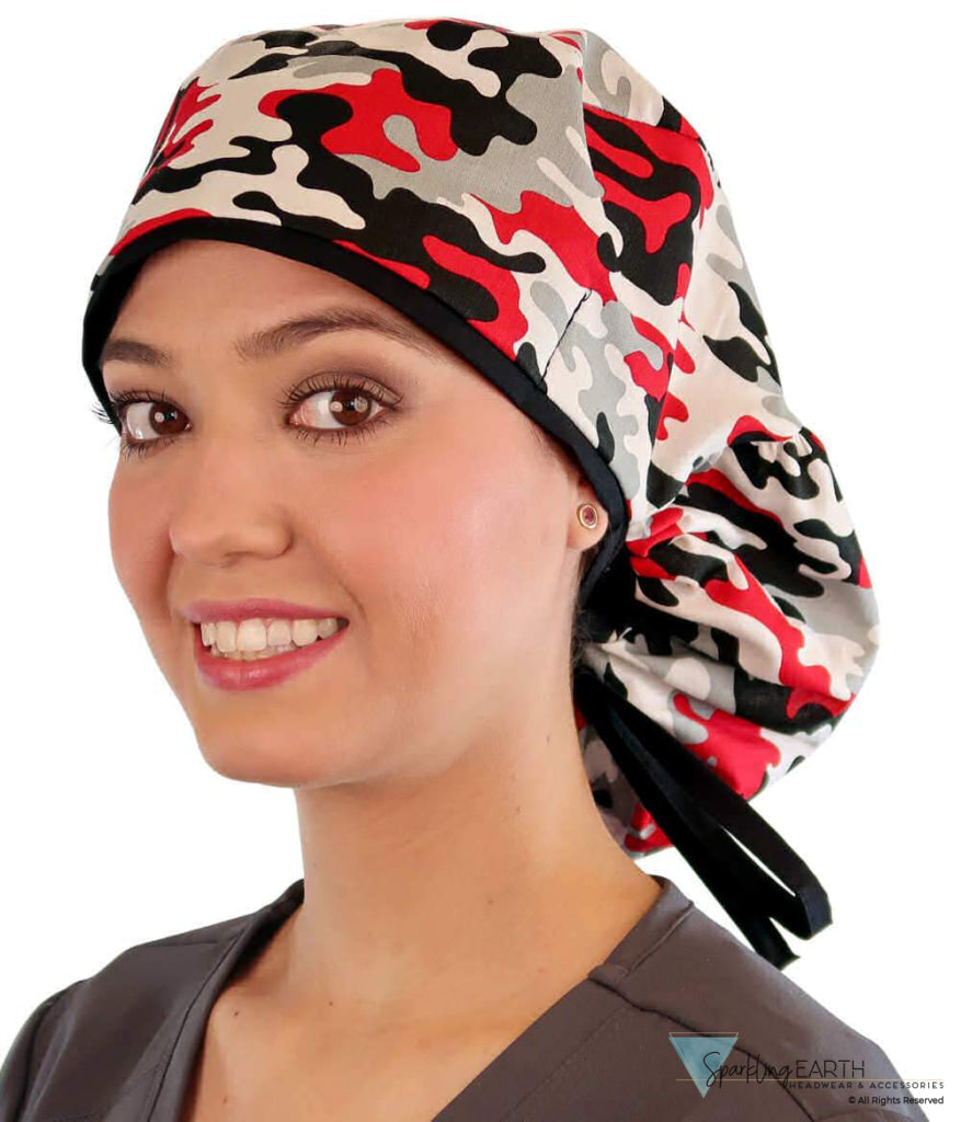 Big Hair Surgical Scrub Cap - Red, Grey, Black & White Camo with Black Ties - Big Hair Surgical Scrub Caps - Sparkling EARTH