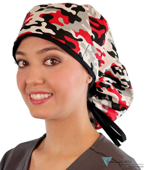 Big Hair Surgical Scrub Cap - Red, Grey, Black & White Camo with Black Ties - Big Hair Surgical Scrub Caps - Sparkling EARTH