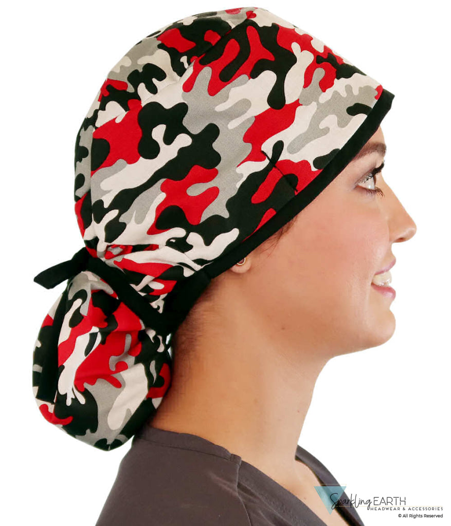 Big Hair Ponytail Surgical Scrub Cap - Perfect Scrub Cap for Long Hair - Red Grey Black & White Camo with Black Ties
