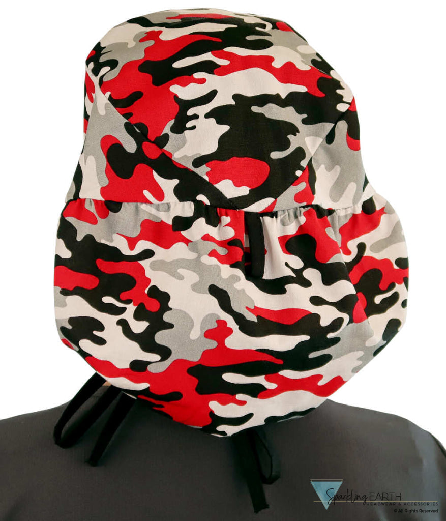Big Hair Ponytail Surgical Scrub Cap - Perfect Scrub Cap for Long Hair - Red Grey Black & White Camo with Black Ties