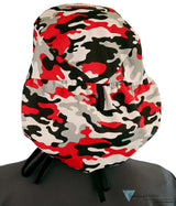 Big Hair Ponytail Surgical Scrub Cap - Perfect Scrub Cap for Long Hair - Red Grey Black & White Camo with Black Ties