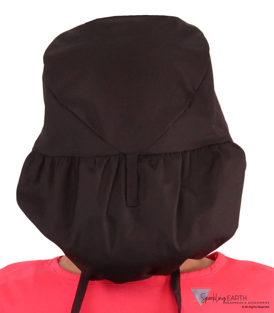 Back untied facing image of a woman in scrubs wearing a Black Big Hair Ponytail Scrub Cap and black ties to hold the scrub cap in place.