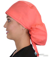 Big Hair Ponytail Surgical Scrub Cap - Perfect Scrub Cap for Long Hair - Solid Coral Big Hair Surgical Scrub Caps