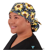 Big Hair Ponytail Surgical Scrub Cap - Perfect Scrub Cap for Long Hair - Sunflowers on Black Big Hair Surgical Scrub