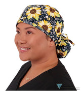 Big Hair Surgical Scrub Cap -  Sunflowers on Black - Big Hair Surgical Scrub Caps - Sparkling EARTH